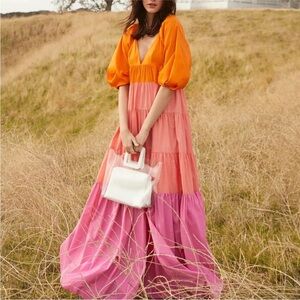 STAUD Meadow Dress Orange Pink Colorblock Tiered Maxi Size Small